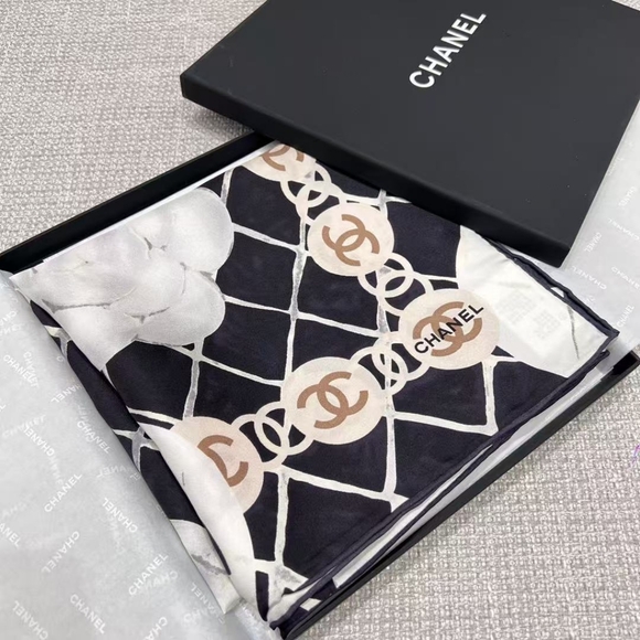 Chanel Camellia Silk Scarf Black - Picture 1 of 8